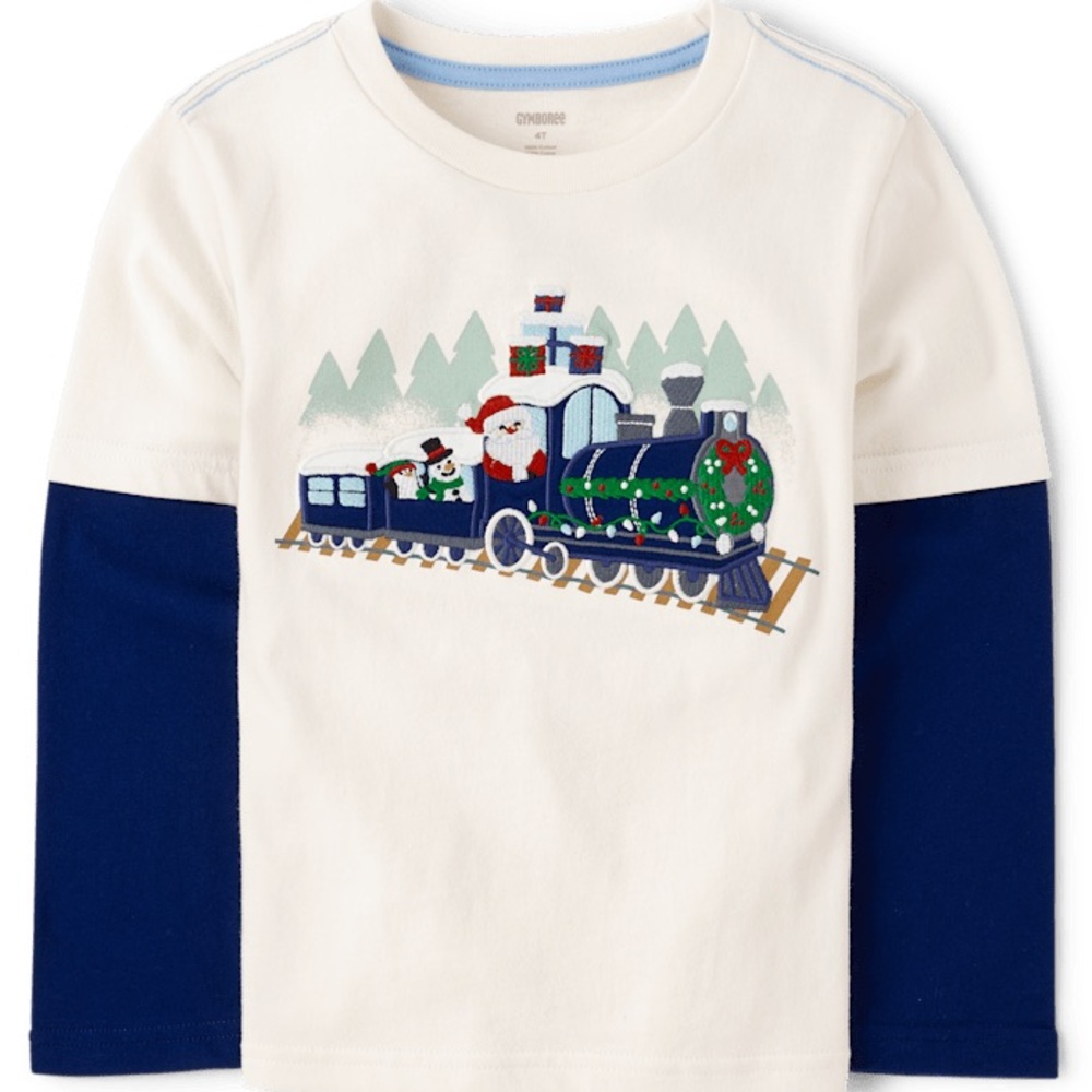 New Gymboree Christmas Train Tee Boys 4T Santa Embroidered Applique Layered